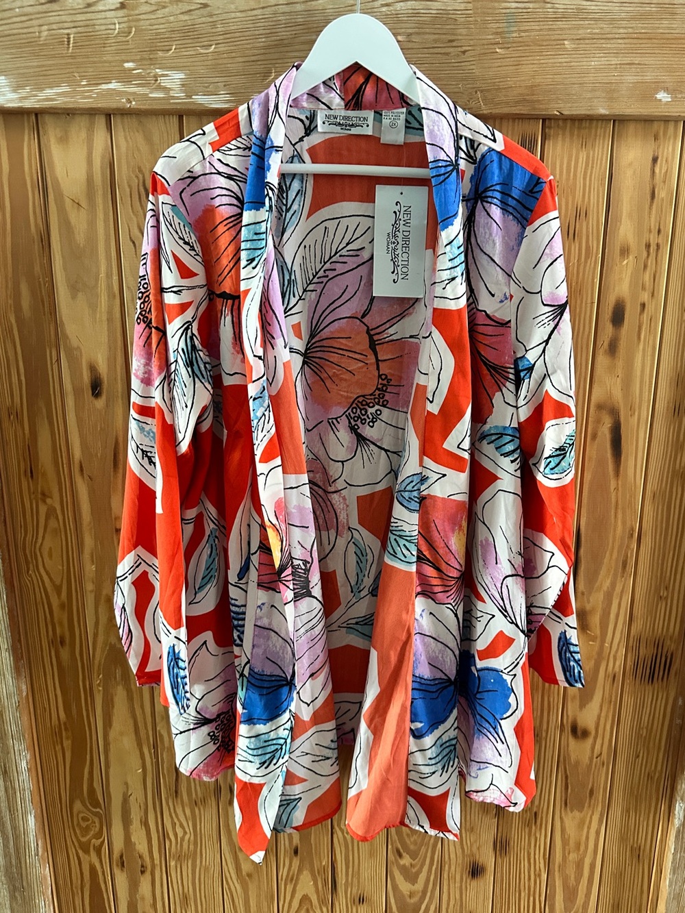 New Direction Floral Open-Front cover up — Multi-Color (Red Accent) NWT